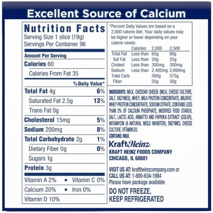 Kraft american cheese nutrition label